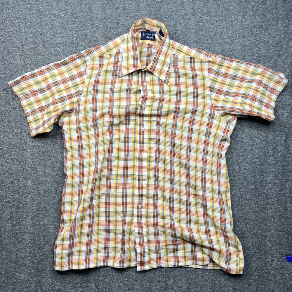 Givenchy‎ Shirt Mens Large Yellow Plaid Button Down Short Sleeve Vintage Chesa